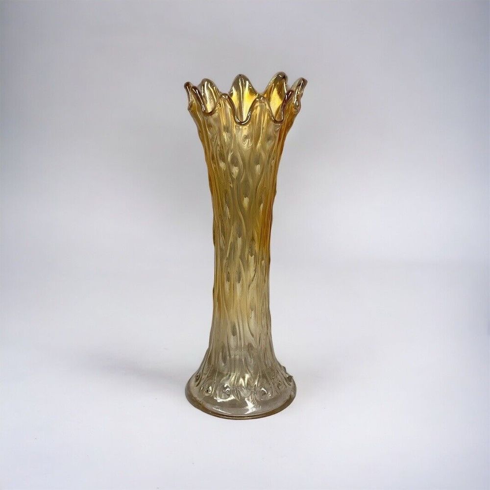 Vtg Northwood Marigold Carnival Glass Tree Trunk Vase 9.5"  Flowers Home Decor